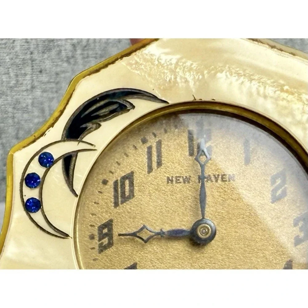 Antique New Haven Celluloid Art Deco Wind Up‎ Desk Clock Crescent Moon Jewels